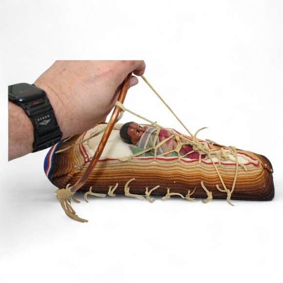 Vintage Native American Style Cradleboard Doll With Handwoven Wool & Leather Acc - Picture 5 of 10